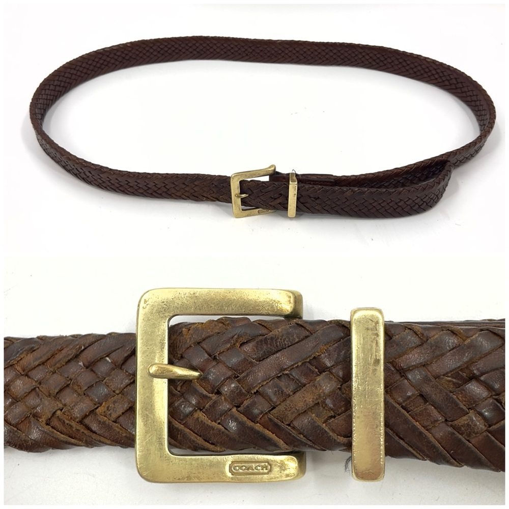 Coach Brown Leather Belt Mens 42 Woven Braided Classic Logo Brass Buckle Brown